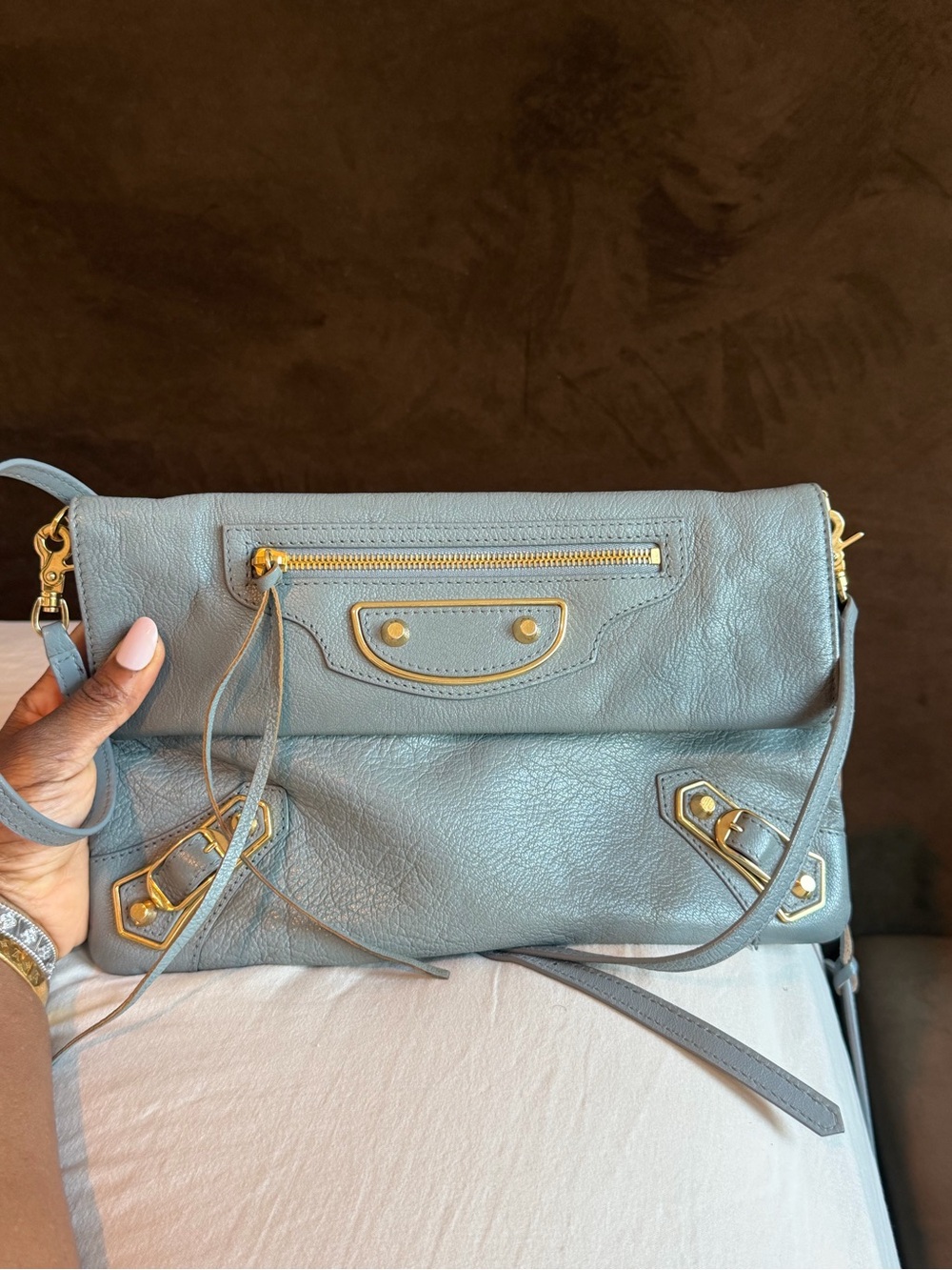 Balenciaga Dusty Blue Pebbled Leather Fold-Over Crossbody